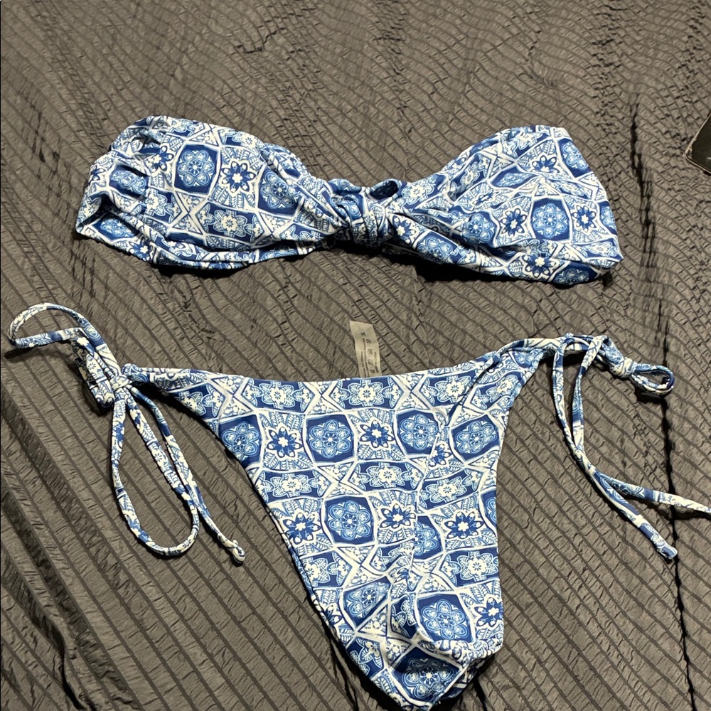 Blue Tile Print Tie-Side Bikini